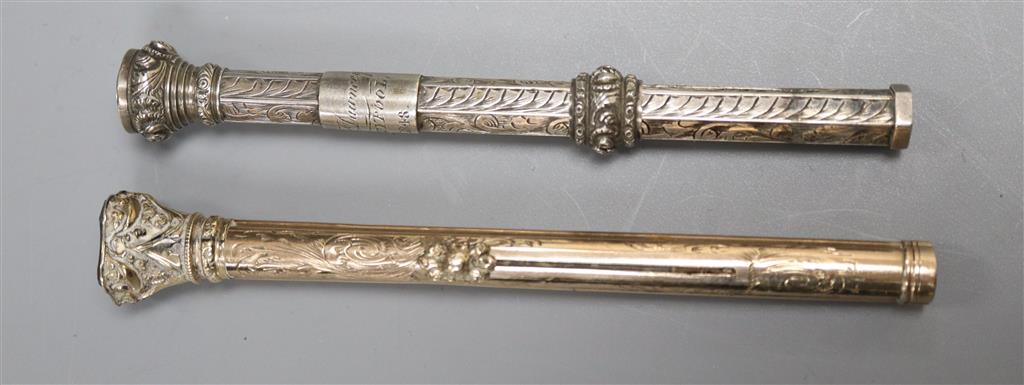 A Victorian gold overlaid telescopic pen/pencil and a silver pencil dated 1848